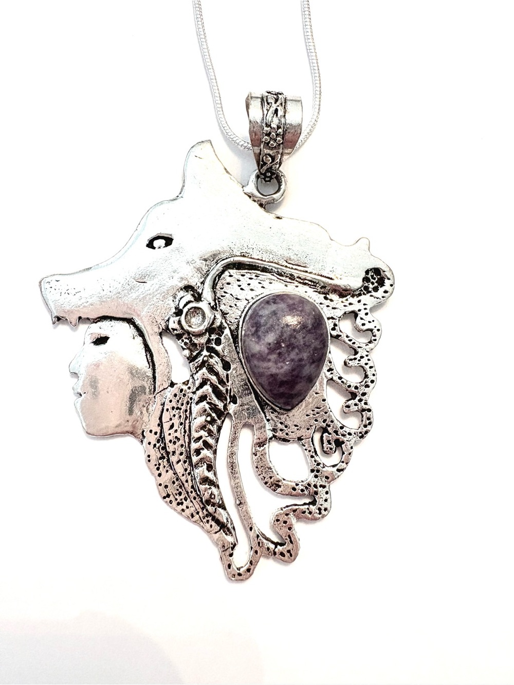 2 1/2,inch, Lepidolite, on Native American with  Headdress pendant on chain. - Picture 3 of 6
